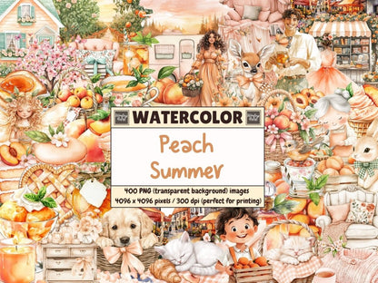 Peach Summer Watercolor Clipart botanical peach png fruity clipart juicy peach clipart - WondersArtist