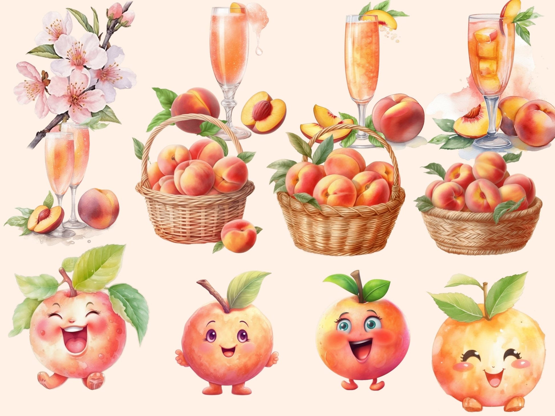 Peaches Watercolor Clipart - High - Quality Instant Digital Download for Creative Projects