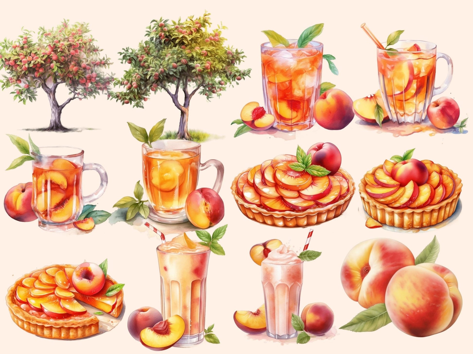 Peaches Watercolor Clipart - High - Quality Instant Digital Download for Creative Projects