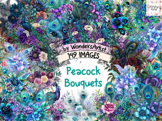 Peacock Bouquets Watercolor Clipart - High - Quality Instant Digital Download for Creative Projects