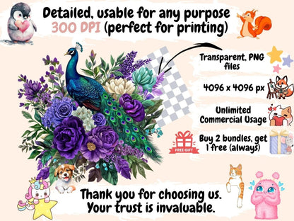 Peacock Bouquets Watercolor Clipart Bouquet PNG Art - Wonders Artist