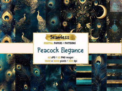 Peacock Elegance Seamless Pattern Digital Papers elegant feathers - Wonders Artist