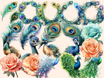 Peacocks Watercolor Clipart aquarelle clipart - Wonders Artist