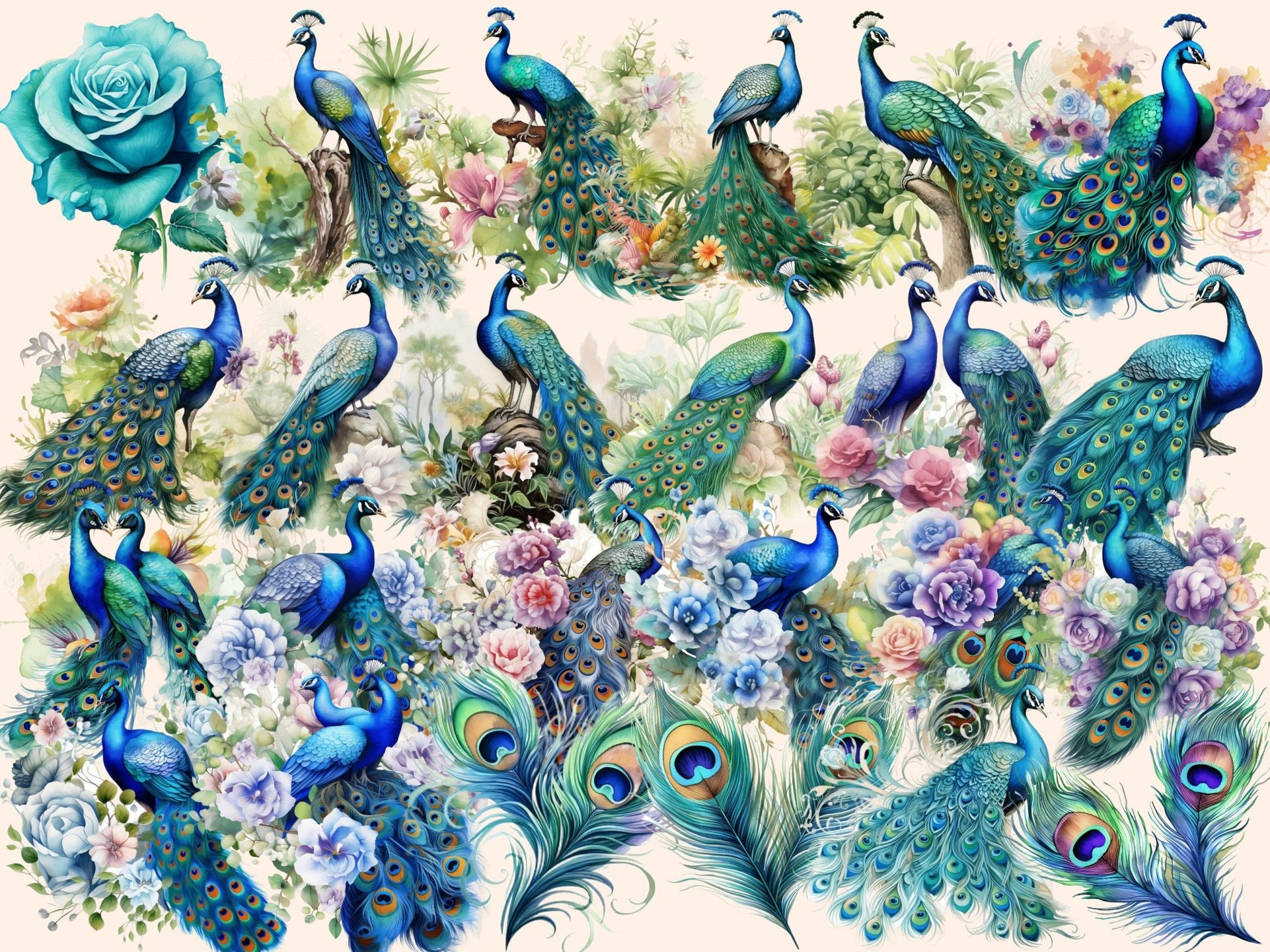 Peacocks Watercolor Clipart - High - Quality Instant Digital Download for Creative Projects