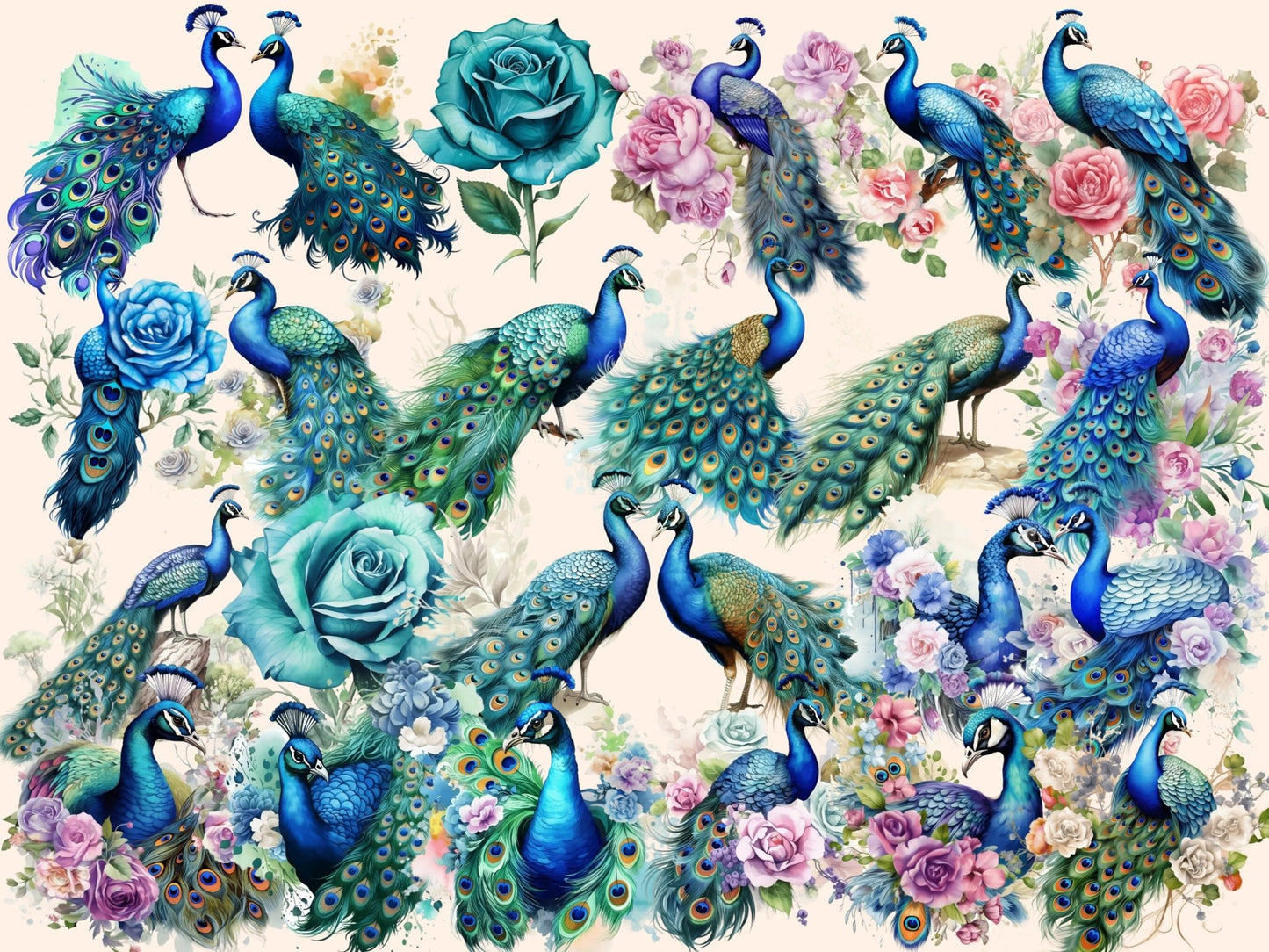 Peacocks Watercolor Clipart - High - Quality Instant Digital Download for Creative Projects