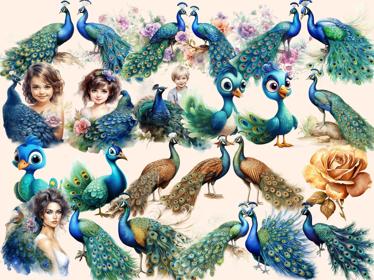 Peacocks Watercolor Clipart - High - Quality Instant Digital Download for Creative Projects