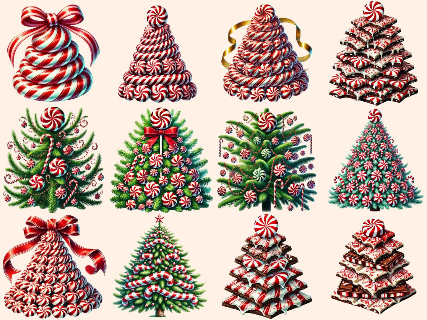 Peppermint Christmas Trees Clipart - High - Quality Instant Digital Download for Creative Projects