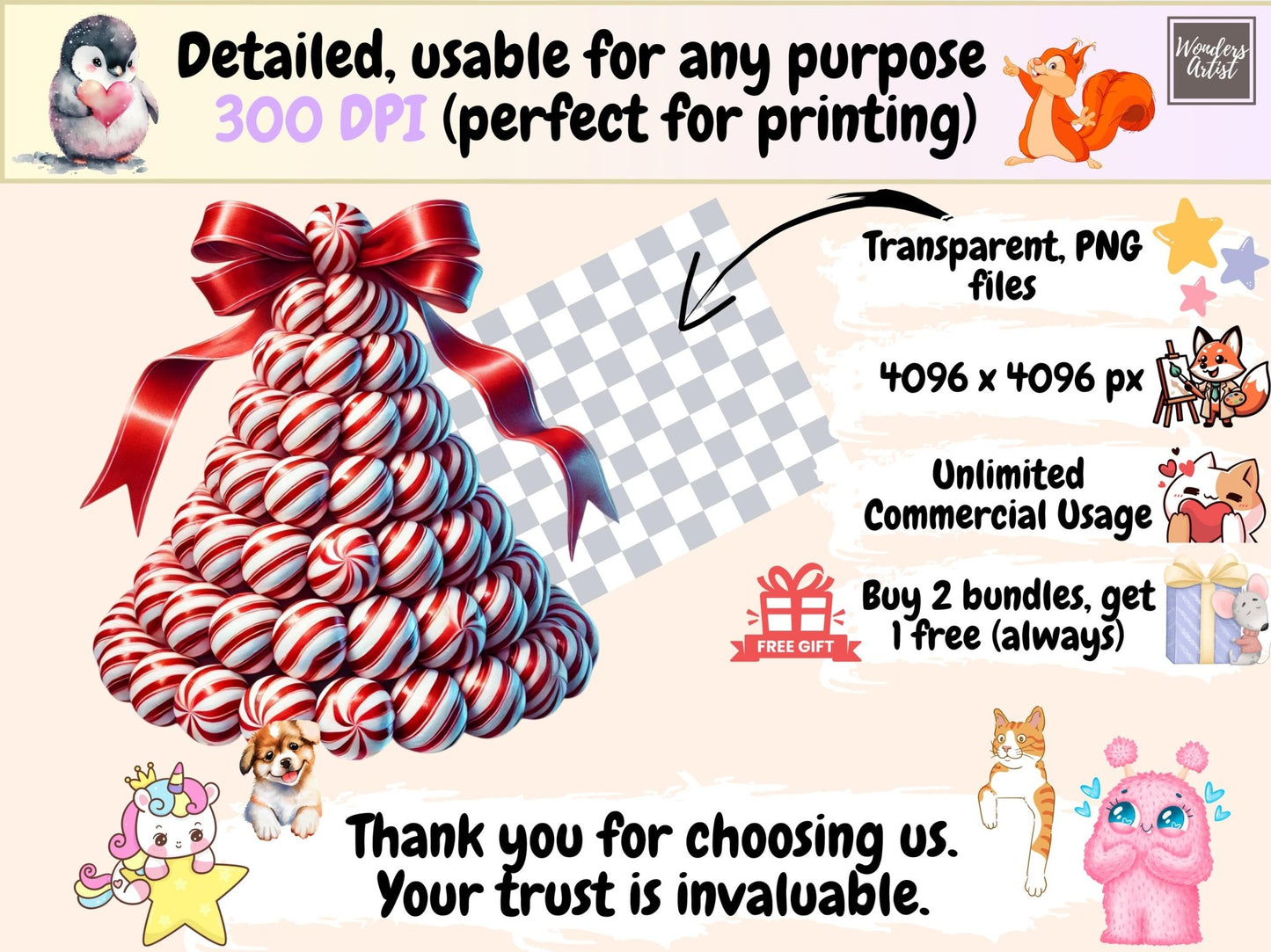 Peppermint Christmas Trees Clipart - High - Quality Instant Digital Download for Creative Projects