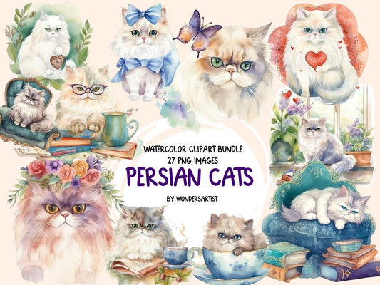 Persian Cat Watercolor Clipart - High - Quality Instant Digital Download for Creative Projects