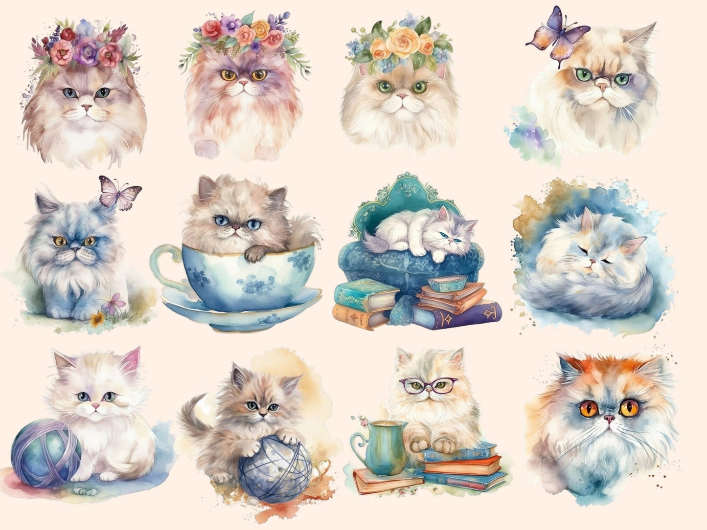 Persian Cat Watercolor Clipart - High - Quality Instant Digital Download for Creative Projects