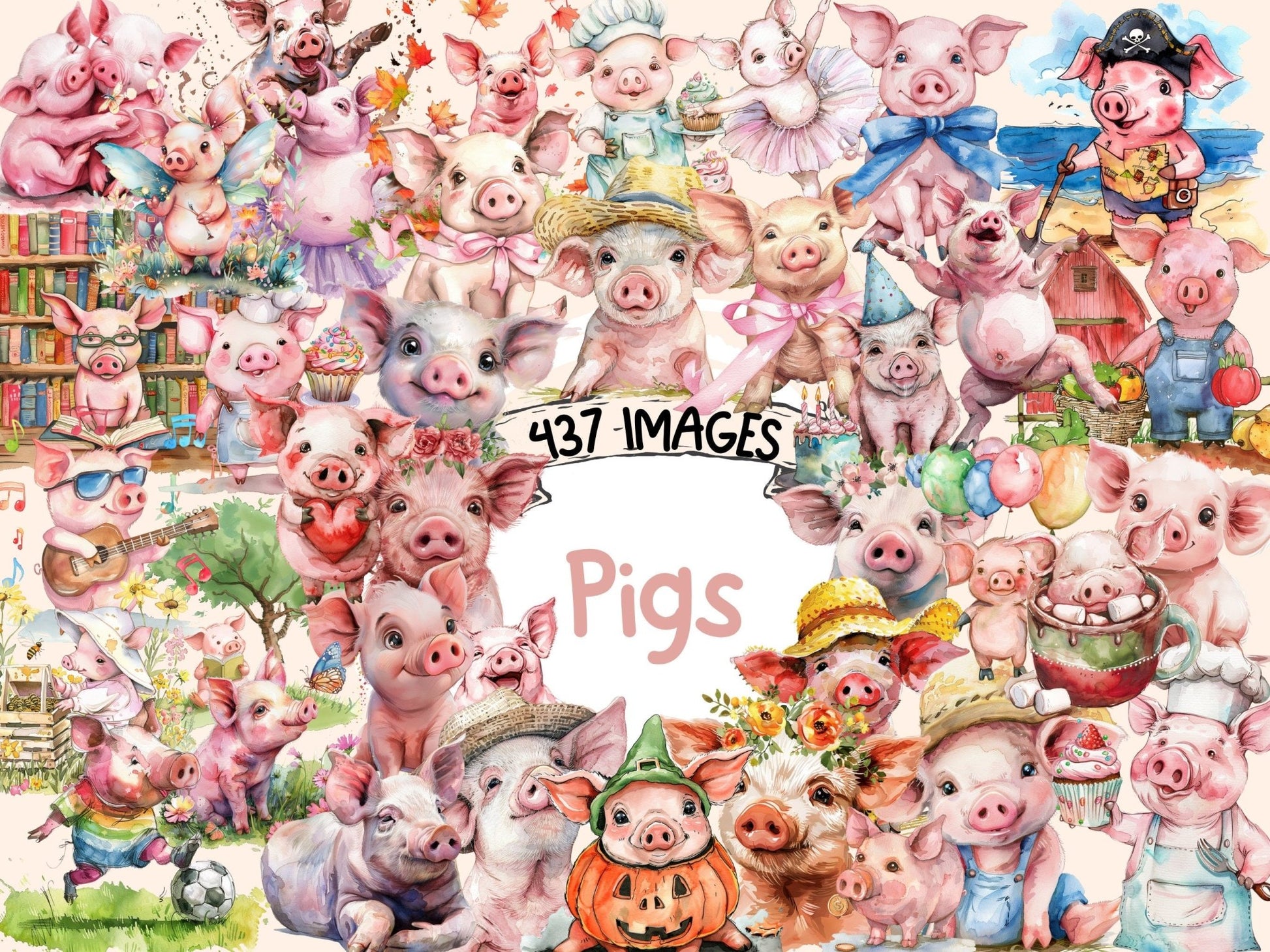 Pigs Watercolor Clipart - High - Quality Instant Digital Download for Creative Projects