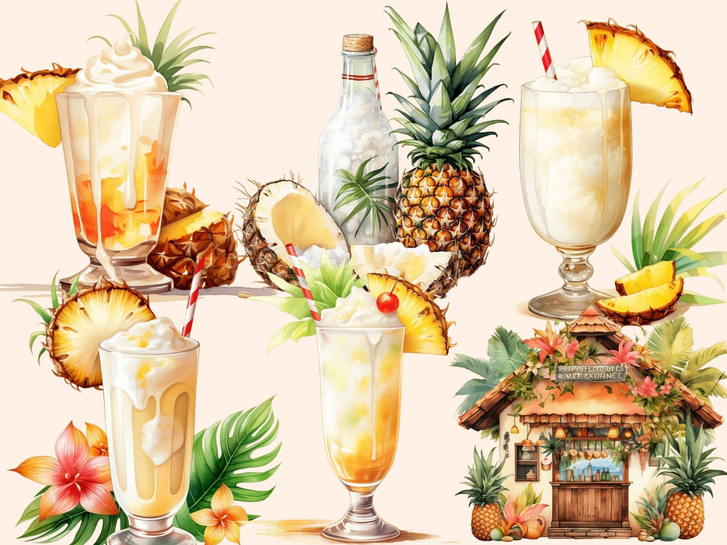 Pina Colada Cocktails Watercolor Clipart - High - Quality Instant Digital Download for Creative Projects