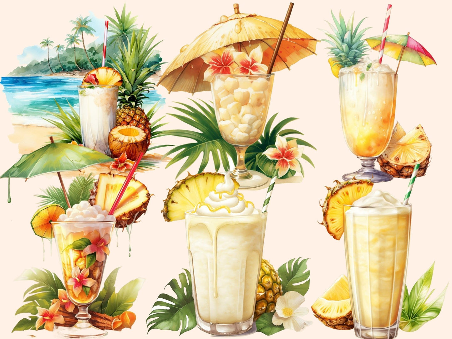 Pina Colada Cocktails Watercolor Clipart - High - Quality Instant Digital Download for Creative Projects