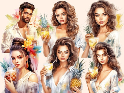 Pina Colada Cocktails Watercolor Clipart beach clipart - Wonders Artist