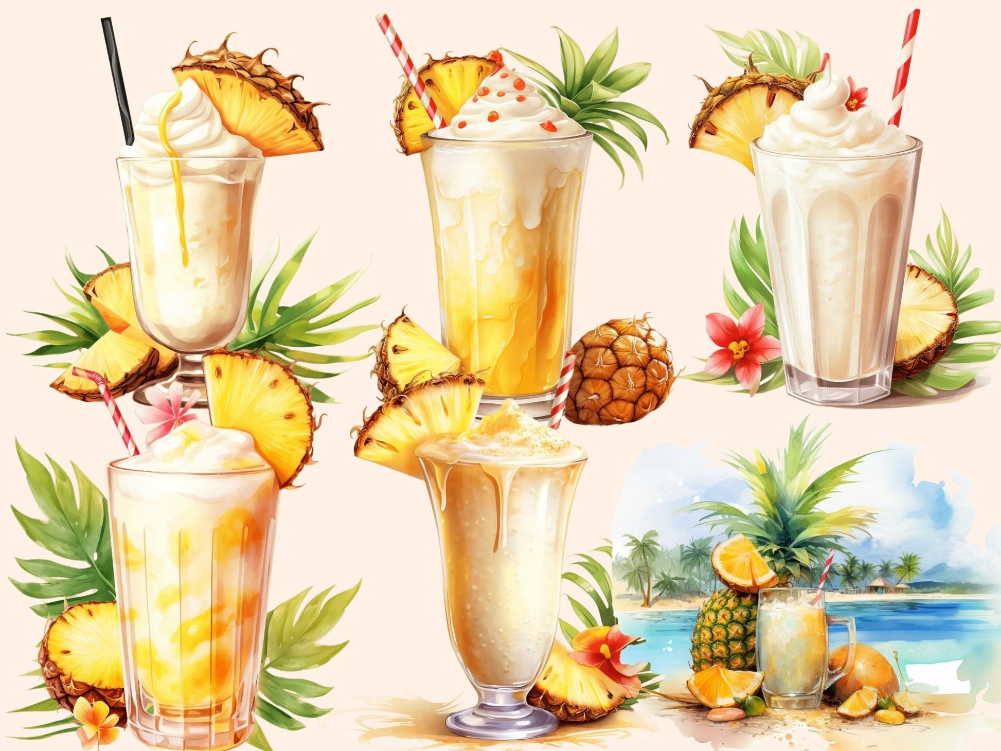 Pina Colada Cocktails Watercolor Clipart - High - Quality Instant Digital Download for Creative Projects