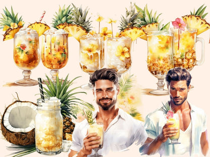 Pina Colada Cocktails Watercolor Clipart beach clipart - Wonders Artist