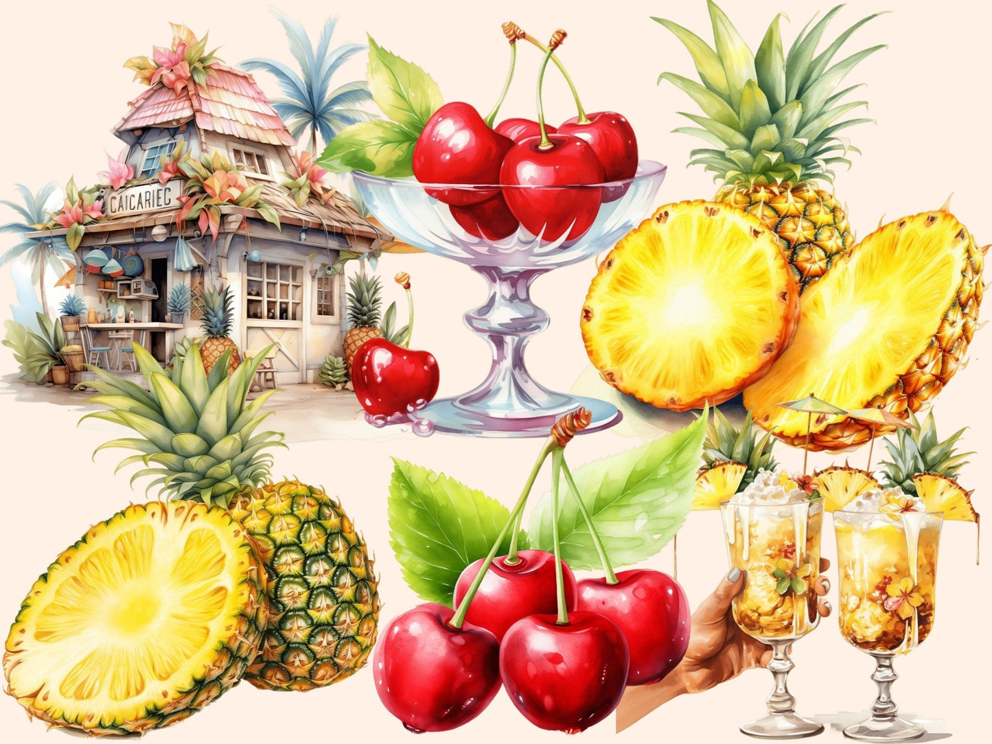 Pina Colada Cocktails Watercolor Clipart - High - Quality Instant Digital Download for Creative Projects