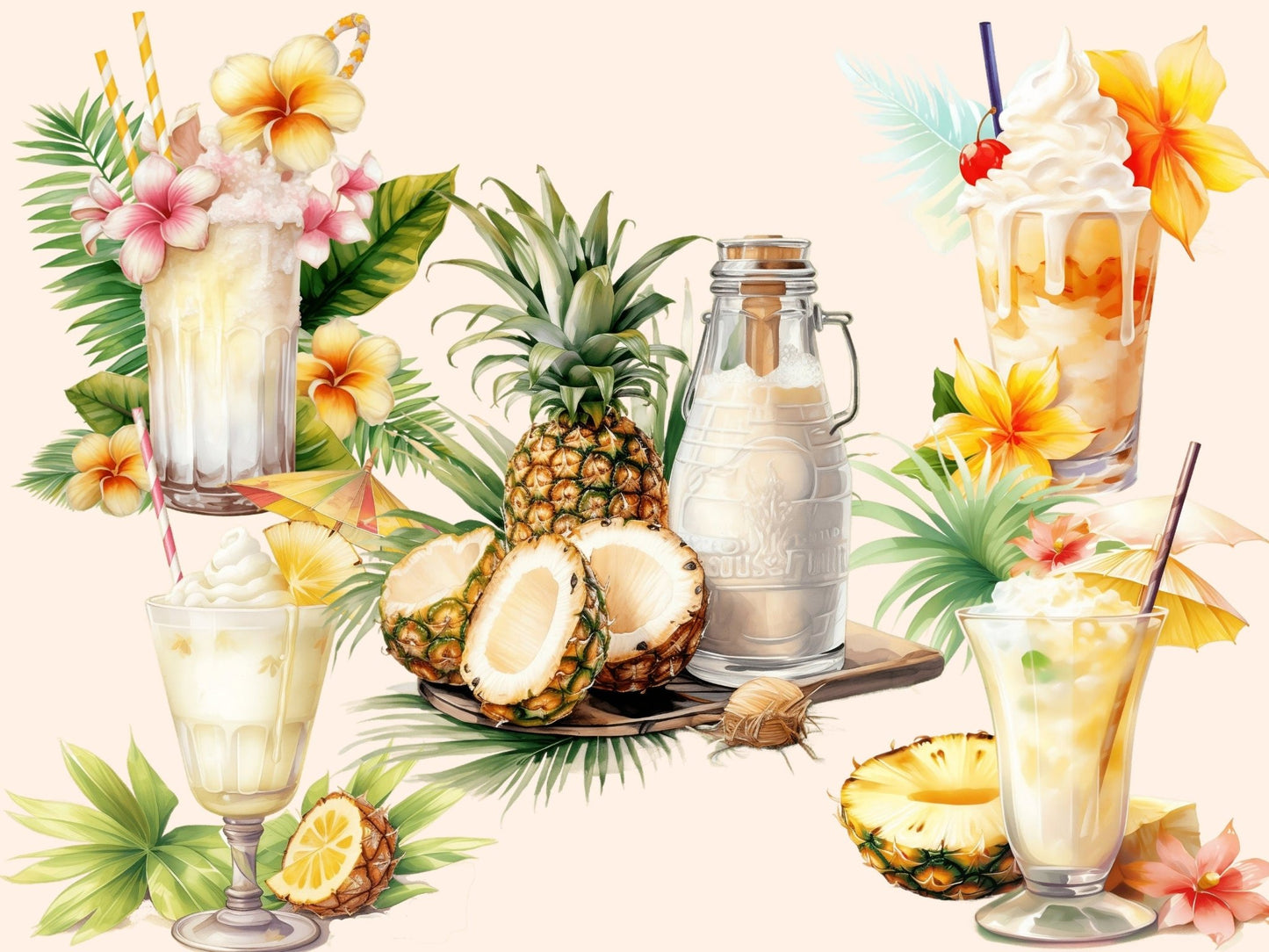 Pina Colada Cocktails Watercolor Clipart - High - Quality Instant Digital Download for Creative Projects