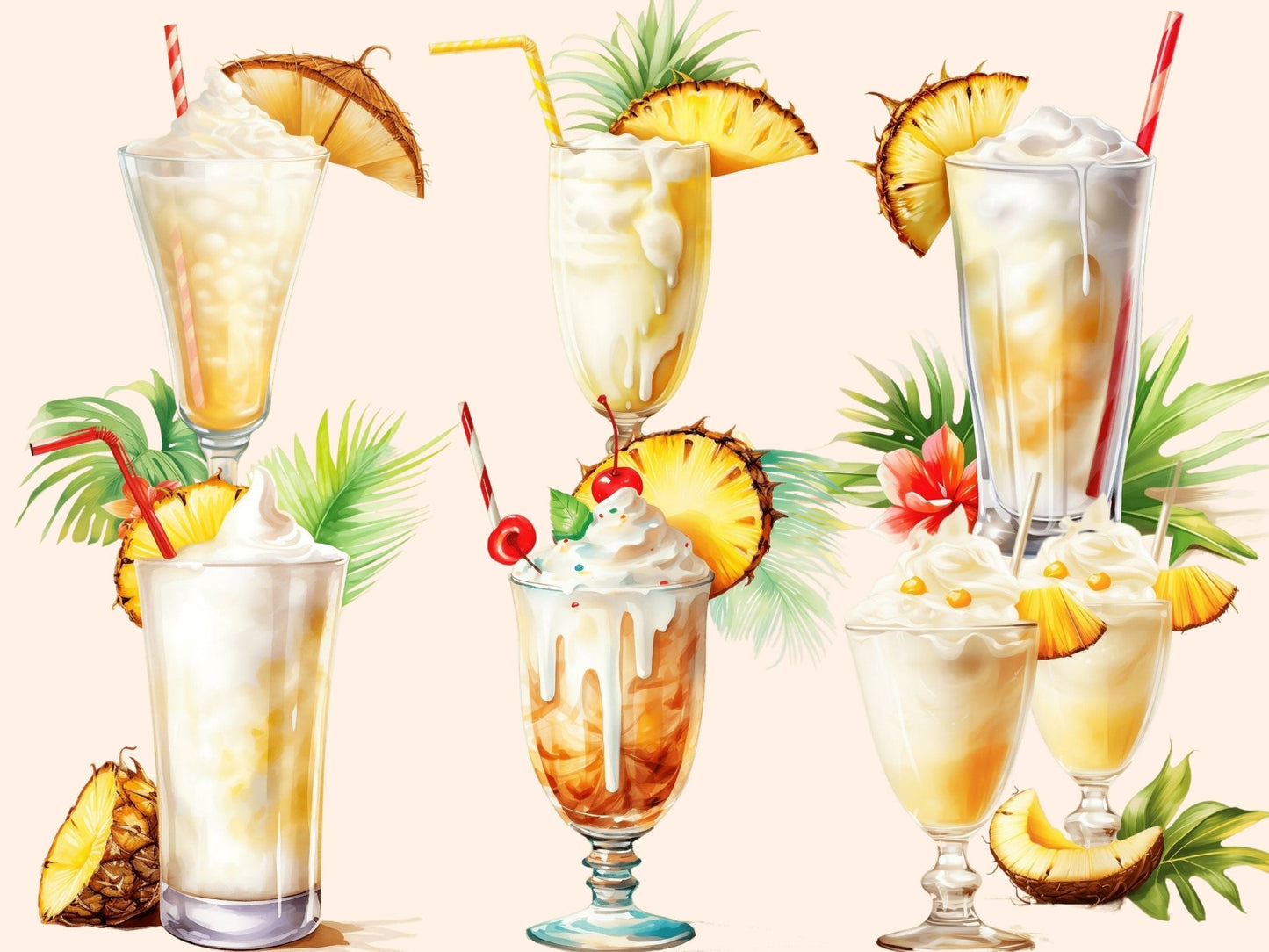 Pina Colada Cocktails Watercolor Clipart - High - Quality Instant Digital Download for Creative Projects