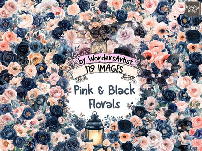 Pink & Black Florals Watercolor Clipart black floral png - Wonders Artist