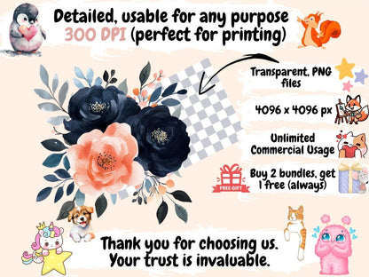 Pink & Black Florals Watercolor Clipart black floral png - Wonders Artist