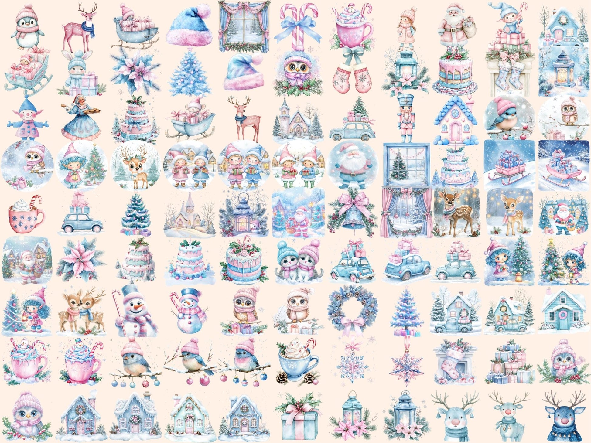 Pink & Blue Christmas Watercolor Clipart - High - Quality Instant Digital Download for Creative Projects