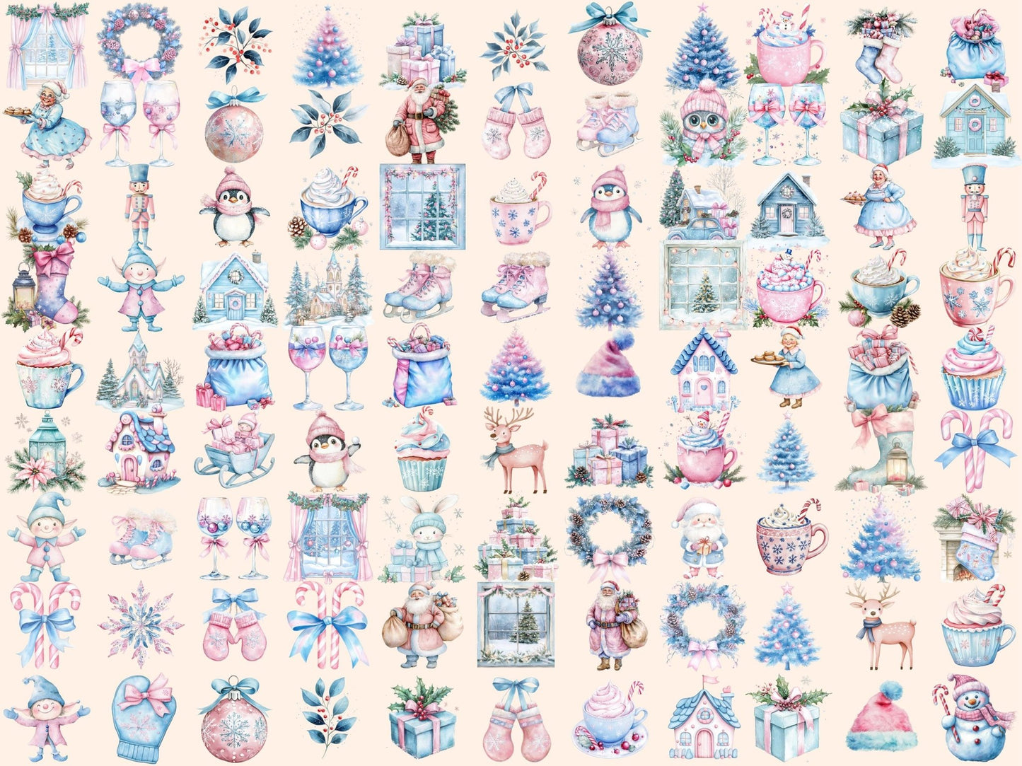 Pink & Blue Christmas Watercolor Clipart - High - Quality Instant Digital Download for Creative Projects