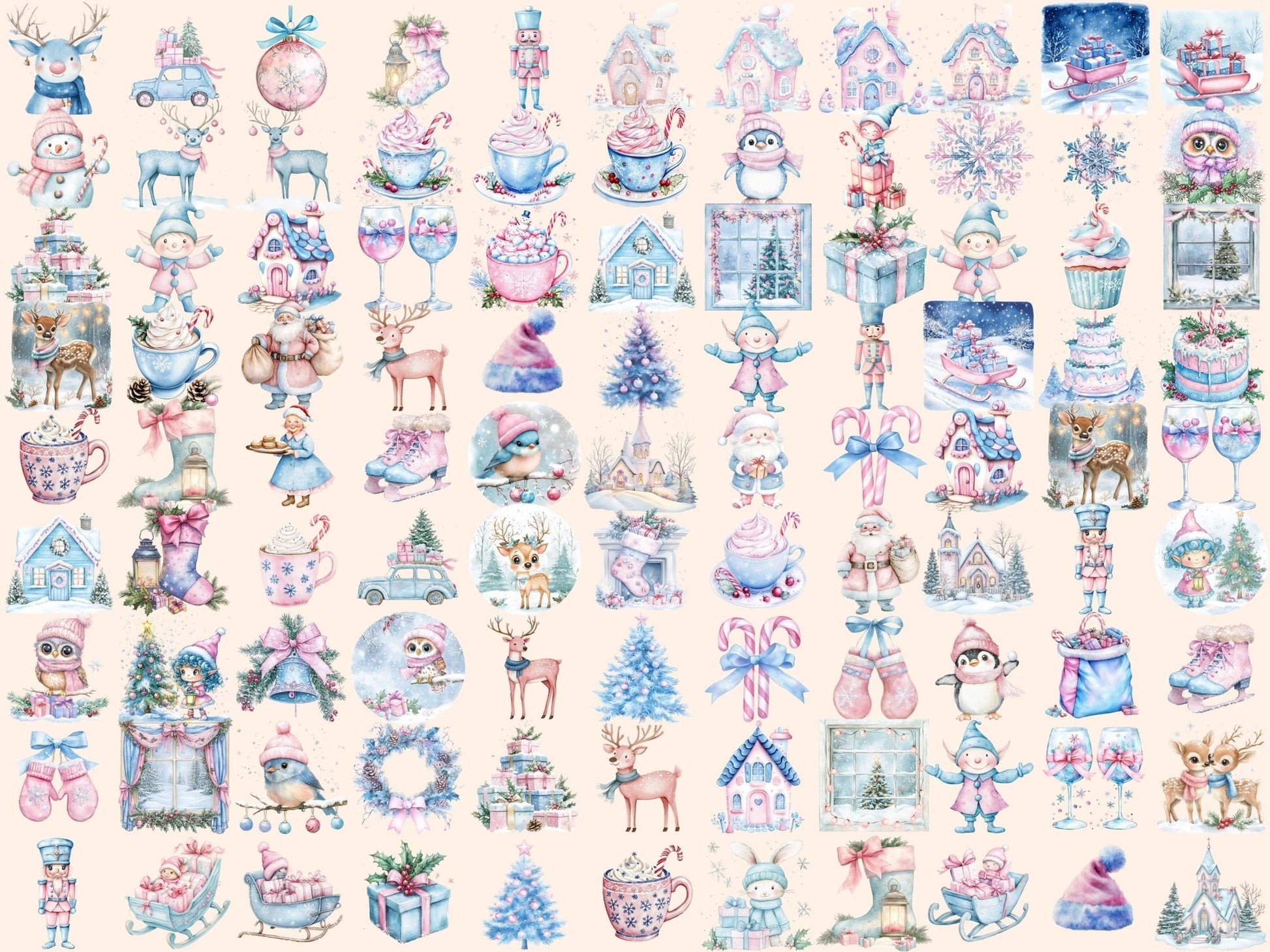 Pink & Blue Christmas Watercolor Clipart - High - Quality Instant Digital Download for Creative Projects