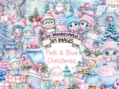 Pink & Blue Christmas Watercolor Clipart Blue Christmas Art - Wonders Artist