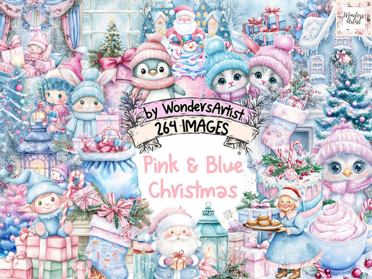 Pink & Blue Christmas Watercolor Clipart - High - Quality Instant Digital Download for Creative Projects