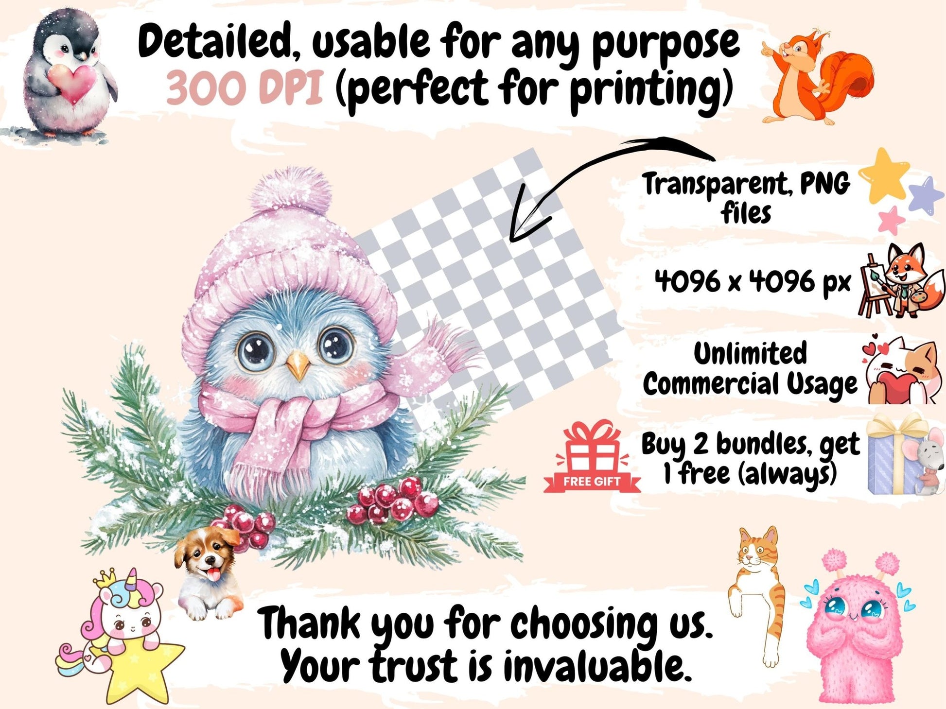 Pink & Blue Christmas Watercolor Clipart - High - Quality Instant Digital Download for Creative Projects