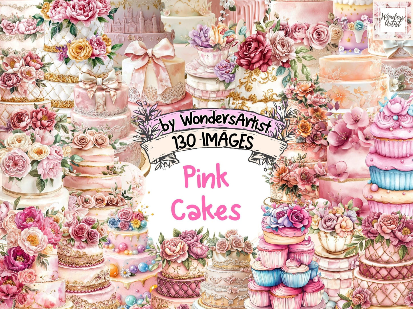 Pink Cakes Watercolor Clipart Bundle - High - Quality Instant Digital Download for Creative Projects