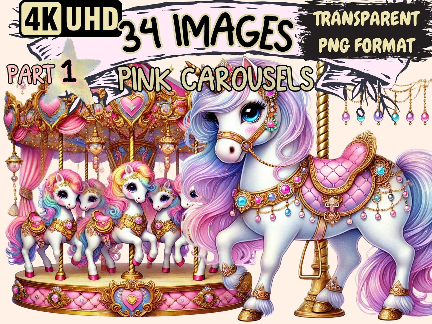 Pink Carousels Clipart - High - Quality Instant Digital Download for Creative Projects