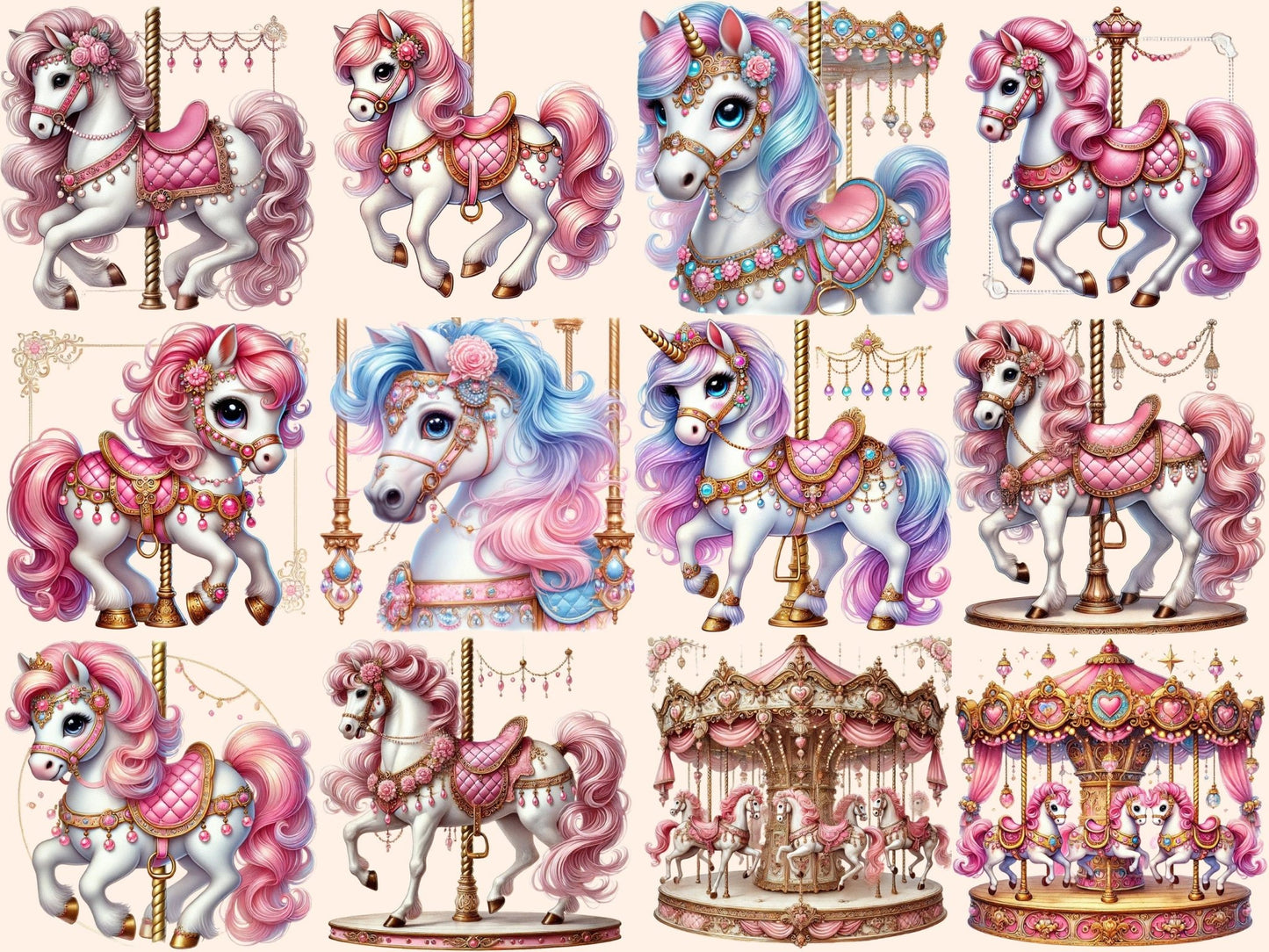 Pink Carousels Clipart - High - Quality Instant Digital Download for Creative Projects