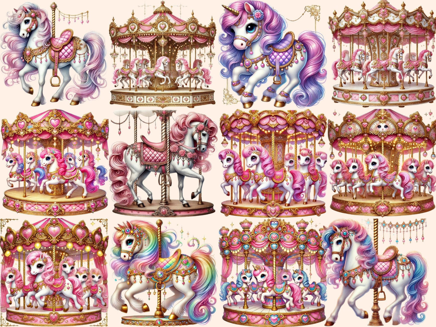 Pink Carousels Clipart - High - Quality Instant Digital Download for Creative Projects