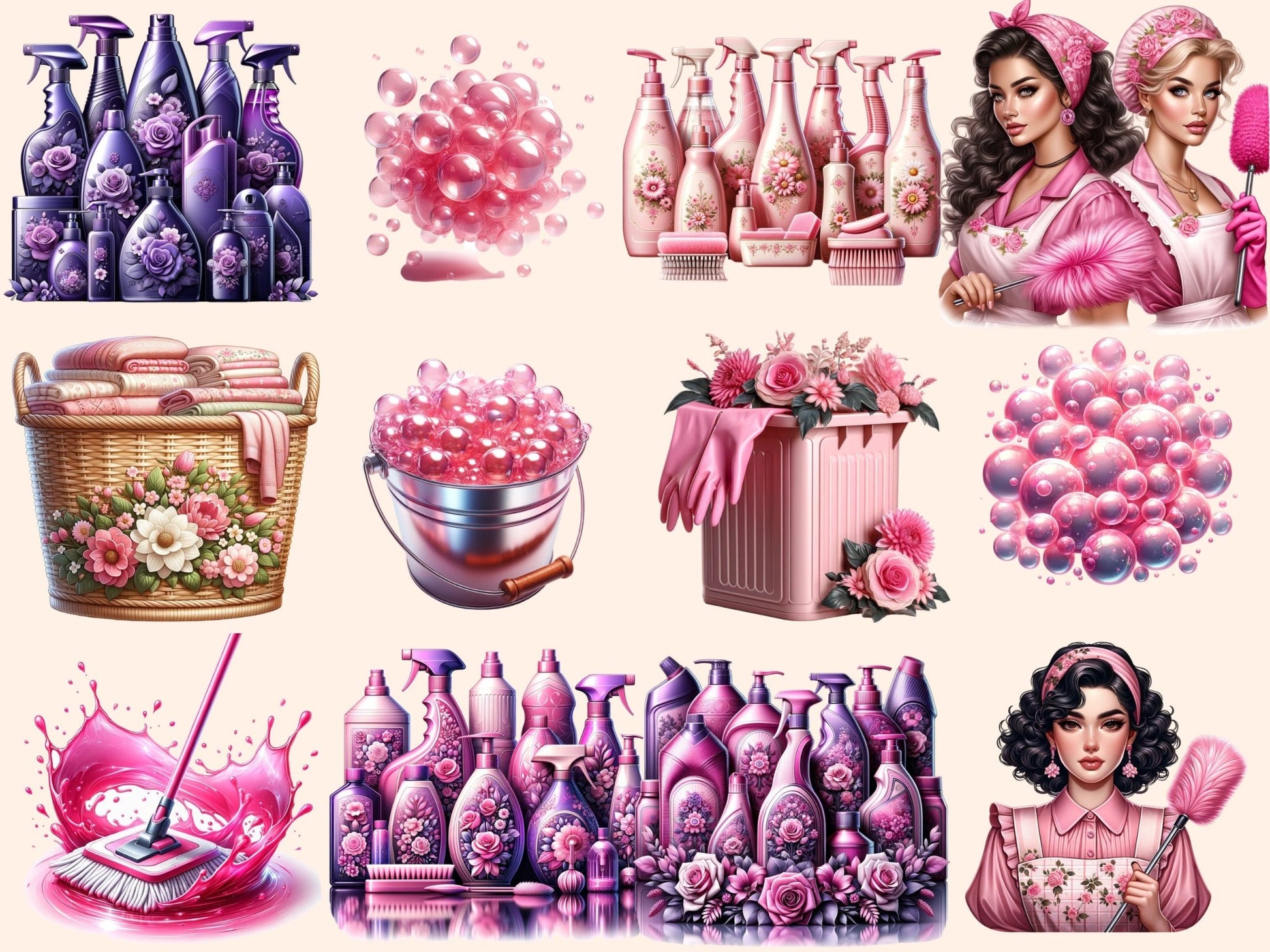 Pink Cleaning Clipart - High - Quality Instant Digital Download for Creative Projects