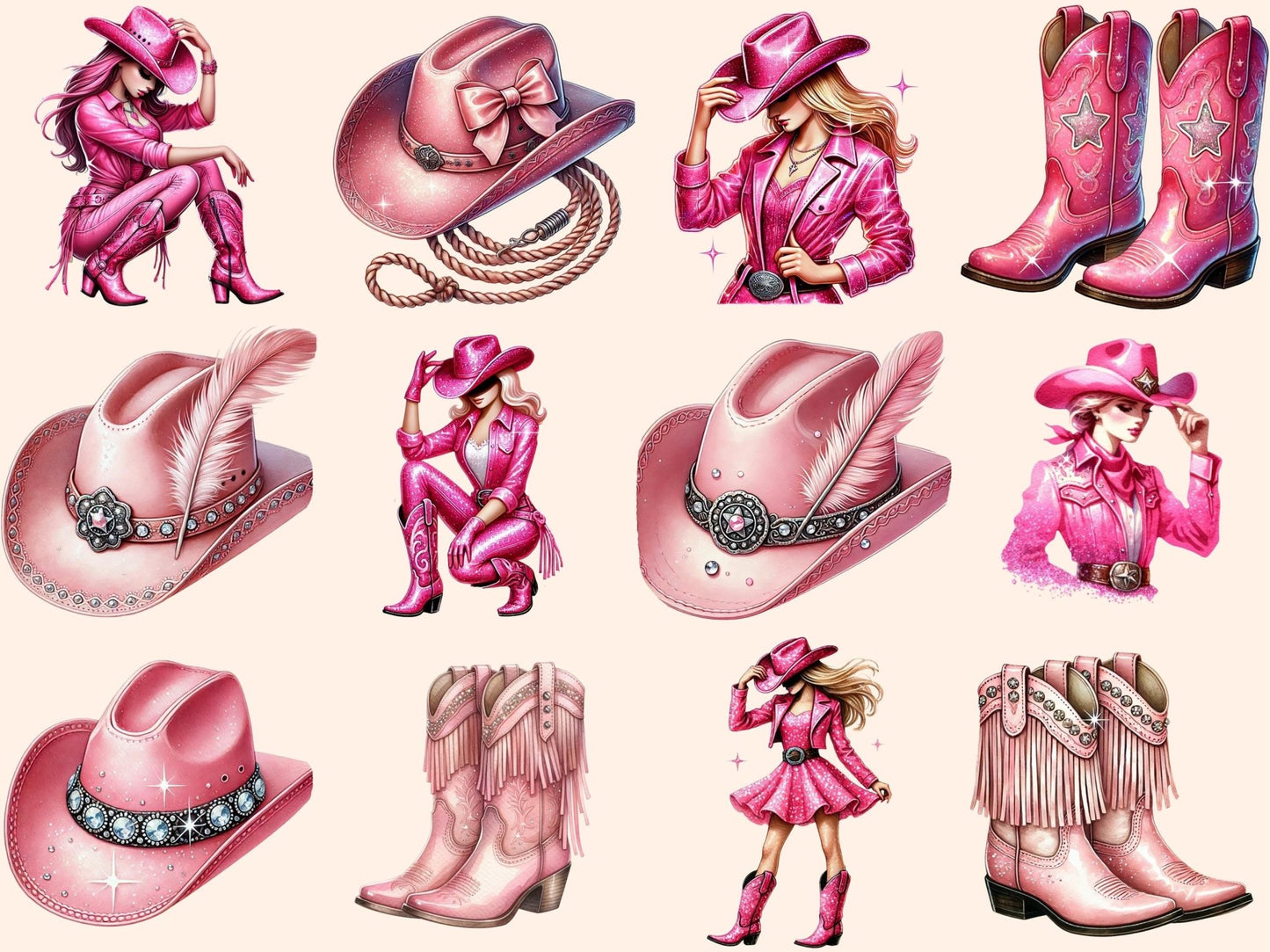 Pink Cowgirls (P4) Clipart - High - Quality Instant Digital Download for Creative Projects