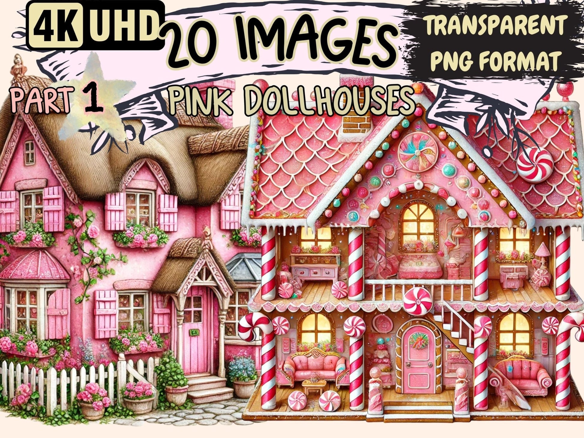 Pink Dollhouses Clipart - High - Quality Instant Digital Download for Creative Projects