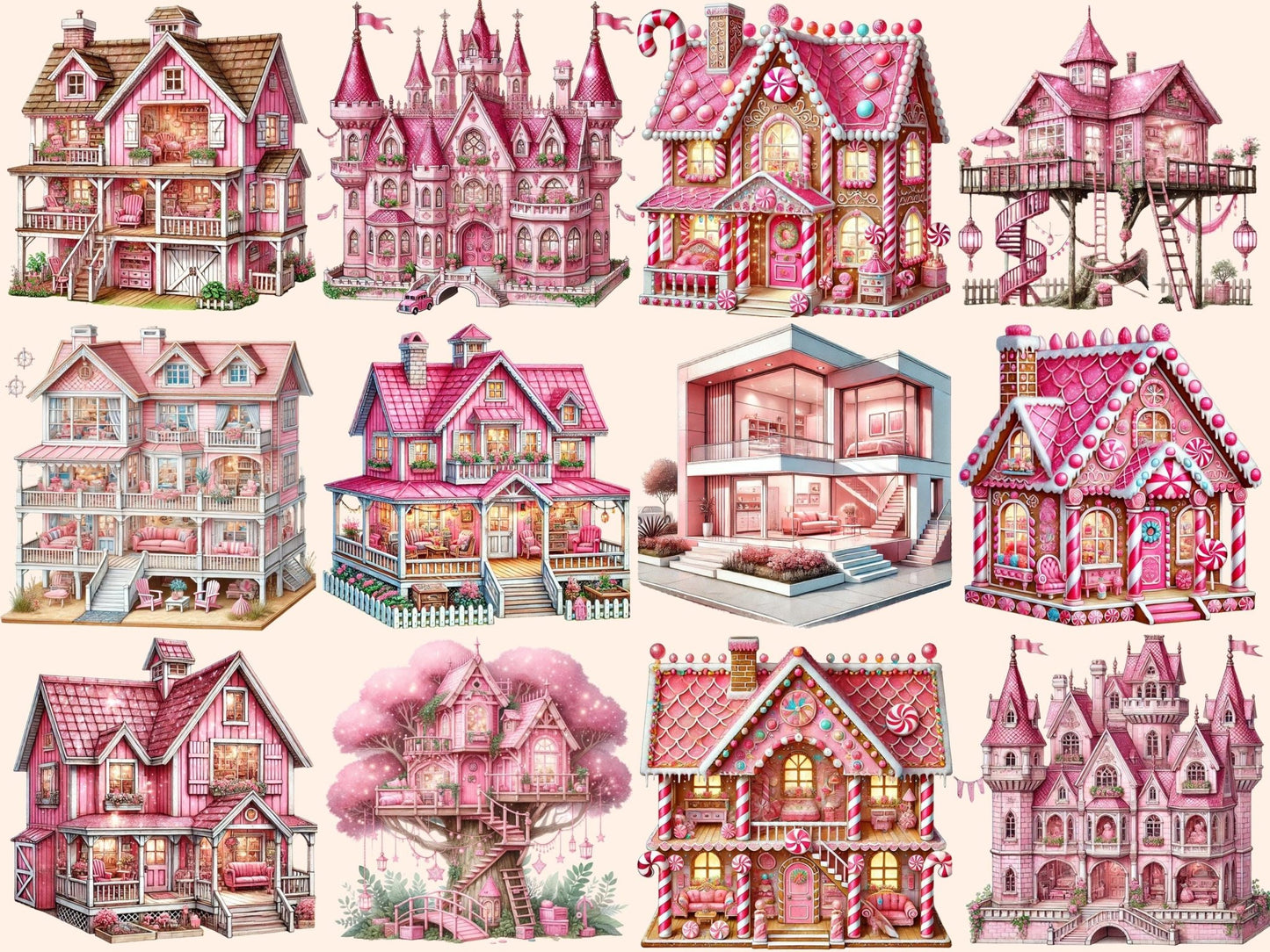 Pink Dollhouses Clipart - High - Quality Instant Digital Download for Creative Projects