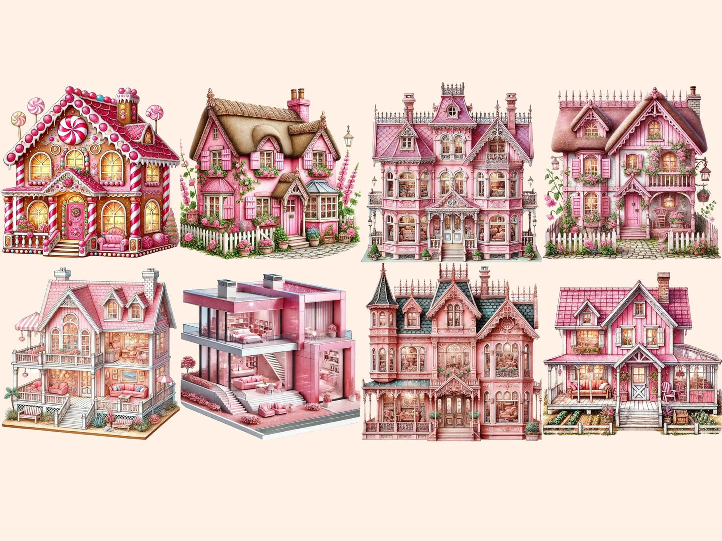 Pink Dollhouses Clipart - High - Quality Instant Digital Download for Creative Projects