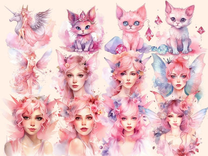 Pink Fairies Watercolor Clipart enchanted forest - Wonders Artist