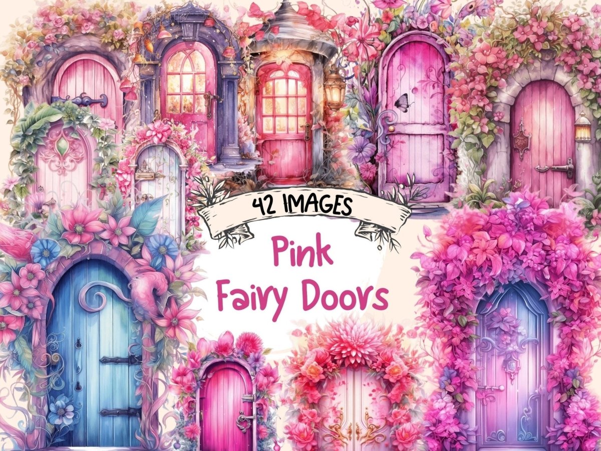 Pink Fairy Doors Watercolor Clipart fairy doors clipart - Wonders Artist