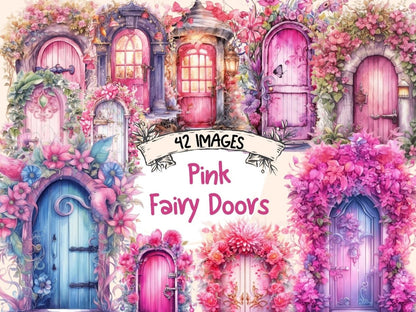 Pink Fairy Doors Watercolor Clipart fairy doors clipart - Wonders Artist