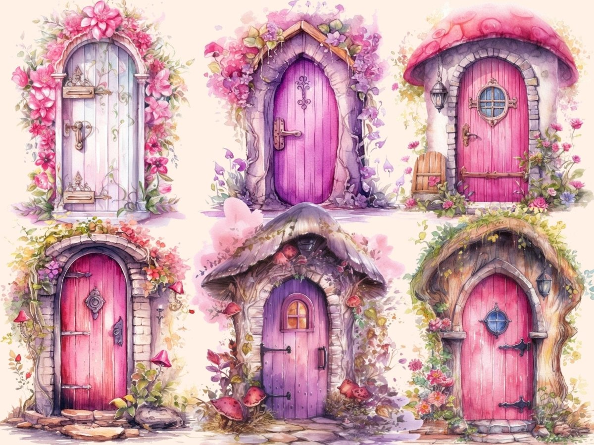 Pink Fairy Doors Watercolor Clipart fairy doors clipart - Wonders Artist