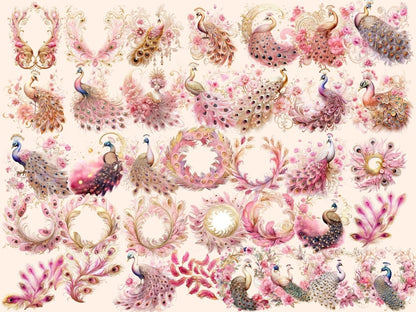 Pink & Gold Peacocks Watercolor Clipart aquarelle clipart - Wonders Artist