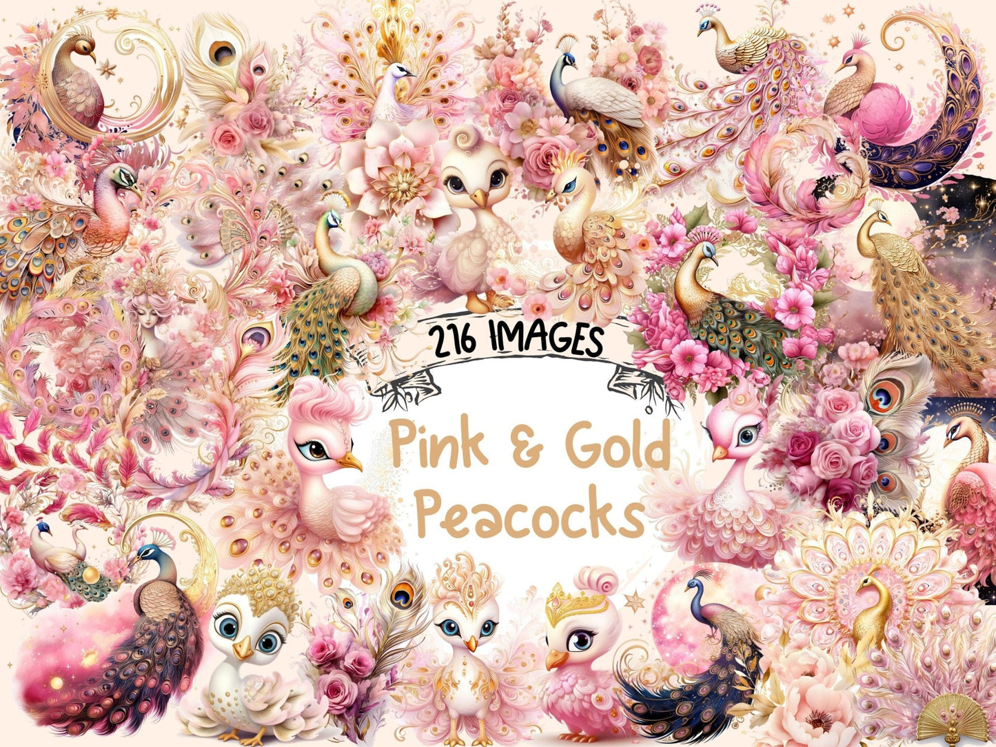 Pink & Gold Peacocks Watercolor Clipart - High - Quality Instant Digital Download for Creative Projects