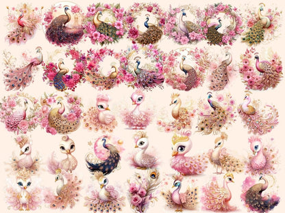 Pink & Gold Peacocks Watercolor Clipart aquarelle clipart - Wonders Artist