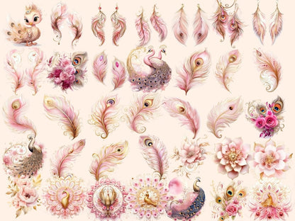 Pink & Gold Peacocks Watercolor Clipart aquarelle clipart - Wonders Artist