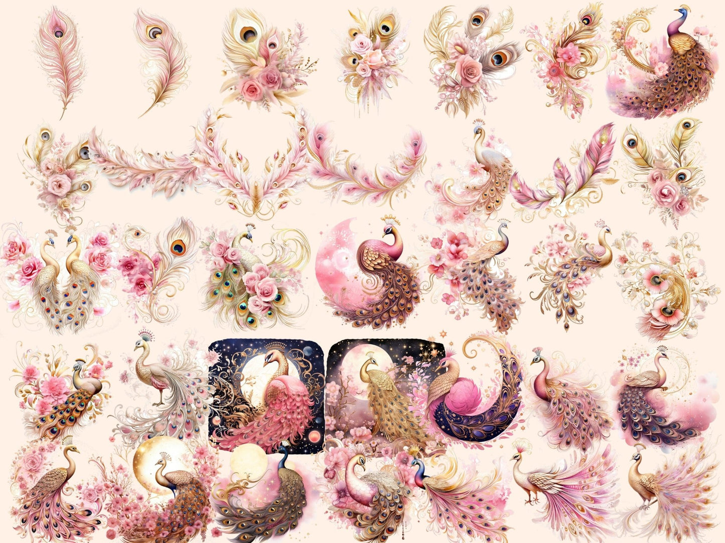 Pink & Gold Peacocks Watercolor Clipart - High - Quality Instant Digital Download for Creative Projects