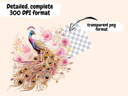 Pink & Gold Peacocks Watercolor Clipart aquarelle clipart - Wonders Artist